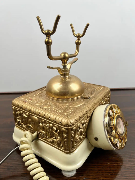 Vintage French Style Brass Rotary Telephone with Ornate Repoussé Cream Enamel Base