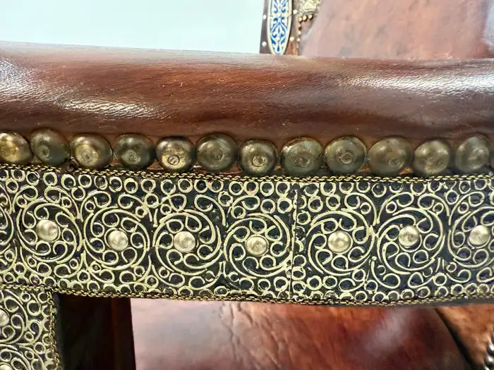 Portuguese Colonial Style Leather & Filigree Design Throne Chair