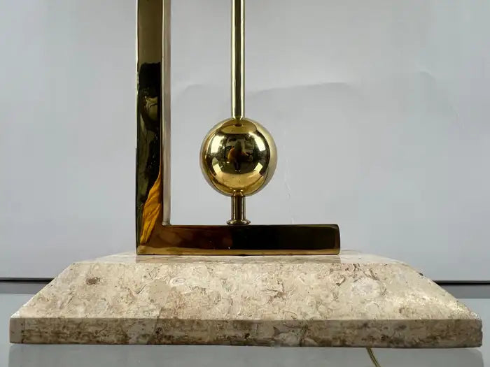 Mid-Century Modern Brass Table Lamp w Marble Base & Original Fabric Shade, Pair