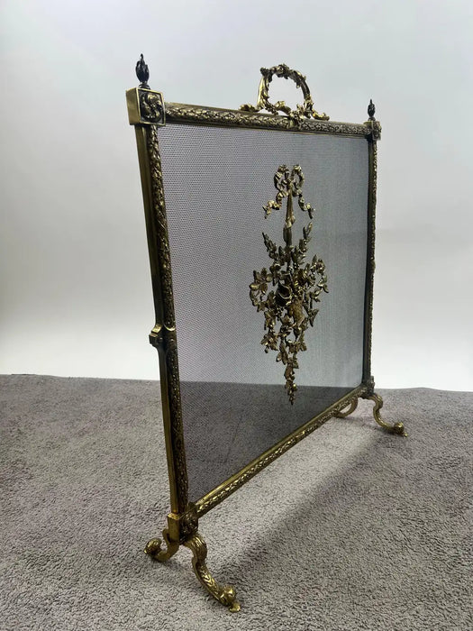 Antique French Art Nouveau Brass Firescreen with Floral & Ribbon Bouquet