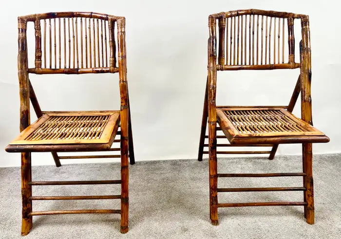 Mid Century Modern Organic Hand Crafted Bamboo Folding Chair, Set of 4