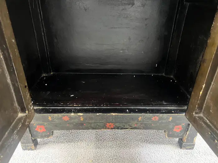 Vintage Asian Black Lacquered Cabinet or Chest with Hand-Painted Floral Motif