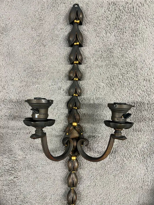 Art Nouveau Two Arms Bronze w Frosted Milk Glass Shades Wall Sconce, a set of 3