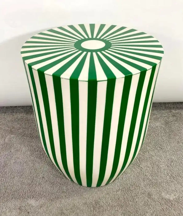 Art Deco Style Green & White Cylindrical Resin Side, End Table or Stool, a Pair