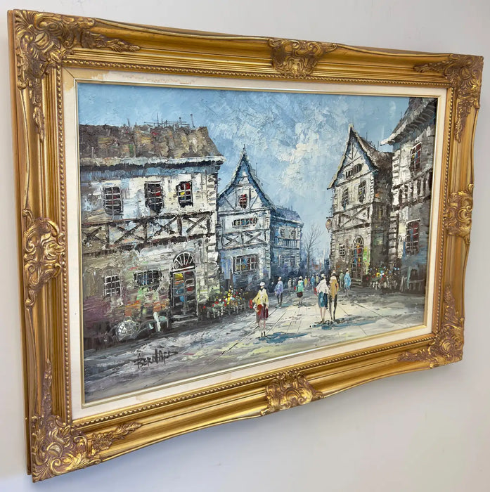 Impressionistic Oil on Canvas Painting of European Street Scene by L.I. Bernard