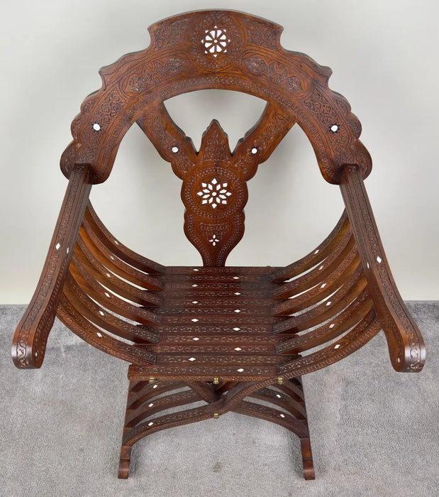 Antique Syrian Savonarola Curule Mother of Pearl Inlay Throne Armchair, a Pair