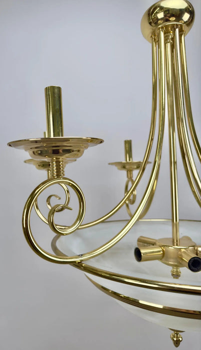 Art Deco Brass Chandelier with White Milk Frosted Glass Bottom Bowl, 6 Arms