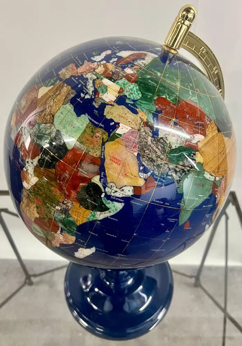 20th Century Lapis Blue Gemstone World Globe with Gilt Meridian Stand