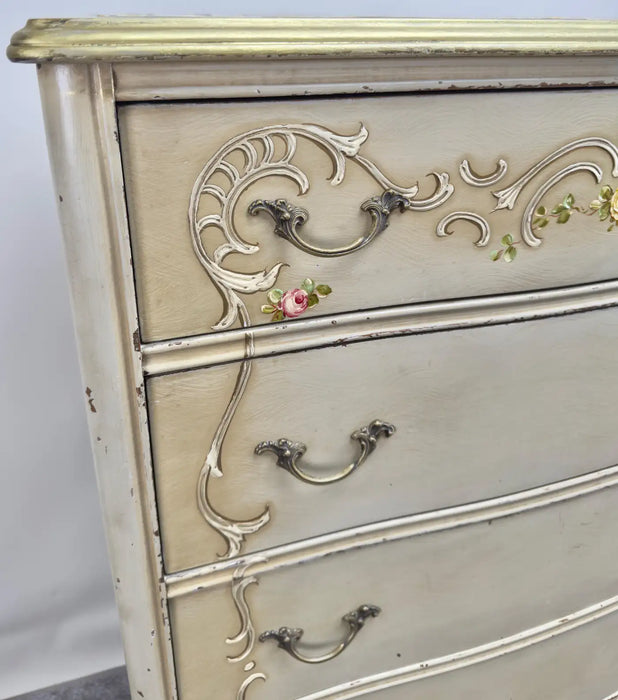 French Provincial Style Highboy Chest of Drawers or Dresser with Floral Design