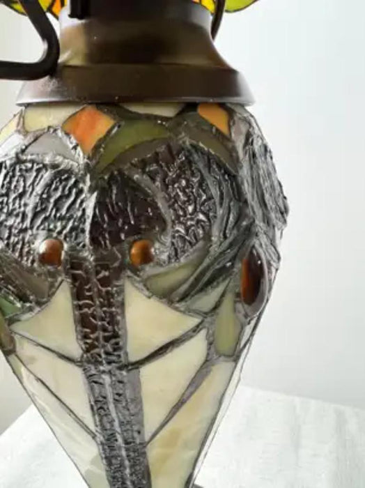Art Nouveau Tiffany Style Brown & Green Stained Glass Table Lamp, a Pair