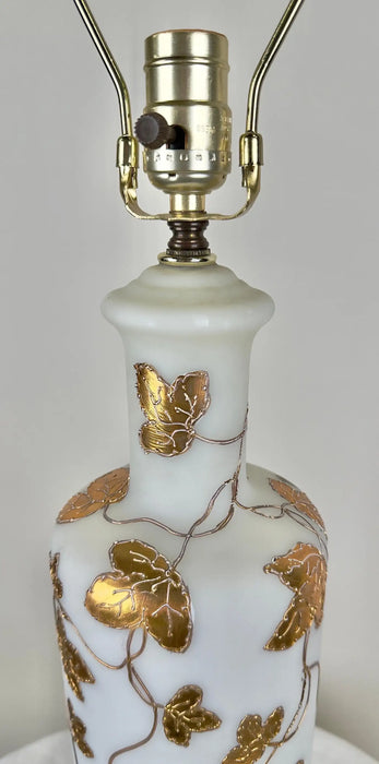 Art Nouveau Frosted White Art Glass & Gold Leaves Design Table Lamp, a Pair