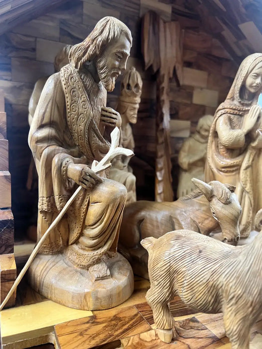 Religious Hand Carved Olive Wood Nativity Set with Stable, Holy Family, Wise Men