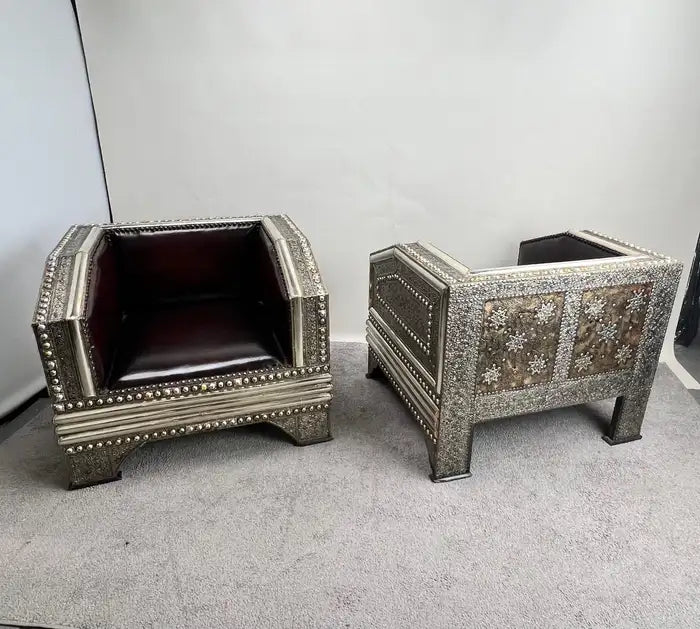 Paul Evans Style Brutalist Handmade Brass & Leather Lounge Chair, a Pair