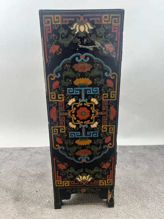Vintage Asian Black Lacquered Cabinet or Chest with Hand-Painted Floral Motif