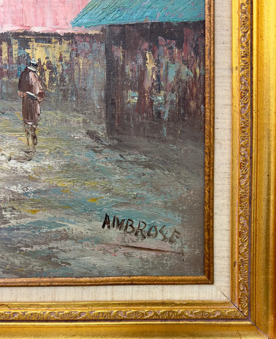 Modern Impressionist European City Street Oil on Canvas by Ambrose, Signed