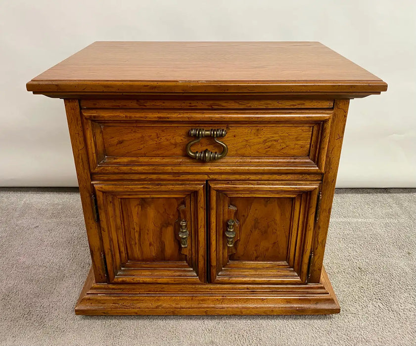 Drexel Heritage Campaign Style Pecan Wood Nightstand or End Table, a Pair