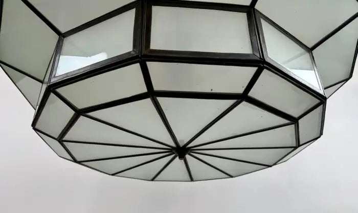 Art Deco Style Large Circular White Milk Glass & Bronze Pendant, Chandelier