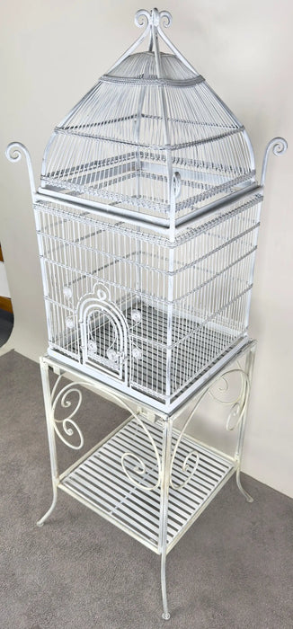 Large Victorian Style Wire Frame White Birdcage with a Shelf, 2 Pieces