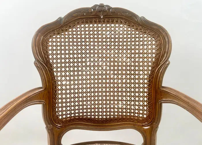 French Provincial Louis XV Style Cane Back with Plaid Upholstery Chair, a Pair