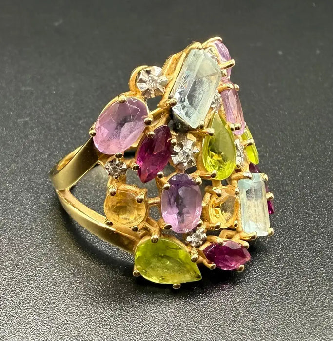 Multi-Gemstone 18K Gold Statement Cocktail Ring, Aquamarine Peridot Amethyst