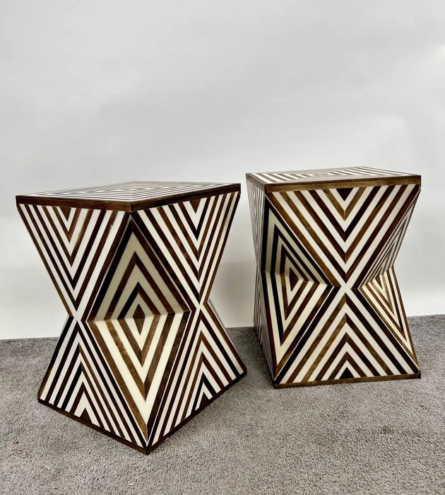 Art Deco Style Sculptural White & walnut Resin Side or End Table, a Pair