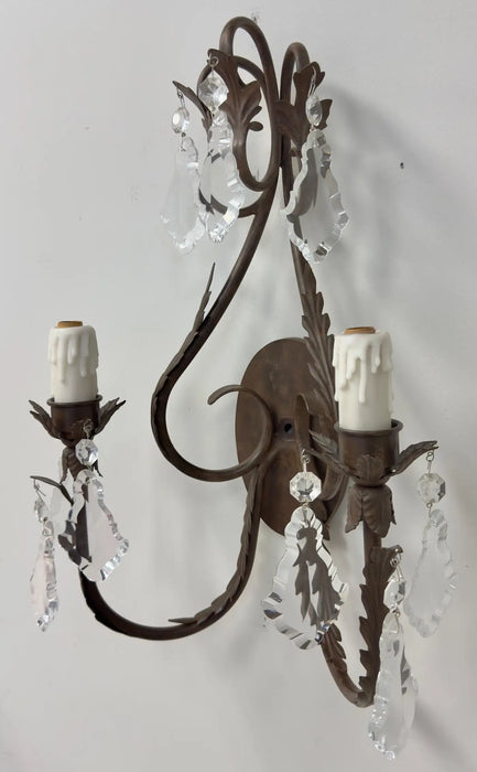 French Louis XV Style Wrought Iron & Crystal Two Arm Wall Sconce, a Pair