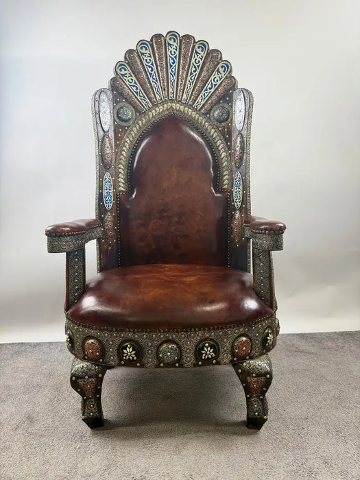 Portuguese Colonial Style Leather & Filigree Design Throne Chair