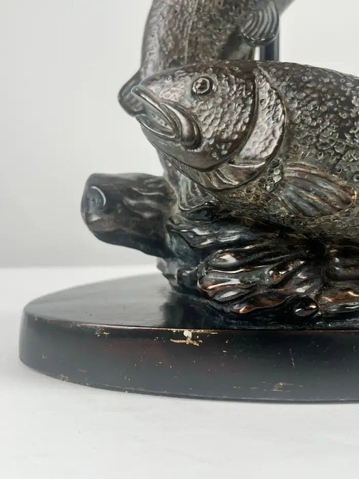 Rustic Style Flying Trout Table Lamp with Bronzed Base and Faux Leather Shade