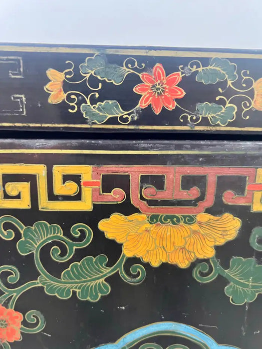 Vintage Asian Black Lacquered Cabinet or Chest with Hand-Painted Floral Motif