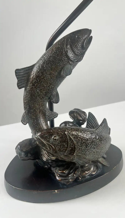 Rustic Style Flying Trout Table Lamp with Bronzed Base and Faux Leather Shade