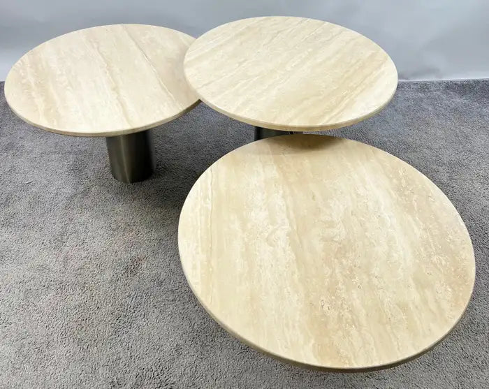 Organic Modern Travertine Three-Tier Circular Coffee Table with Metal Base