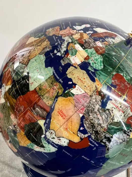 20th Century Lapis Blue Gemstone World Globe with Gilt Meridian Stand