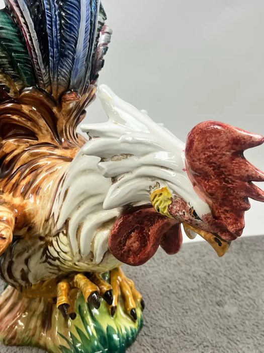 Vintage Hand-Painted Italian Majolica Ceramic Fighting Rooster Sculpture, a Pair 1980's
