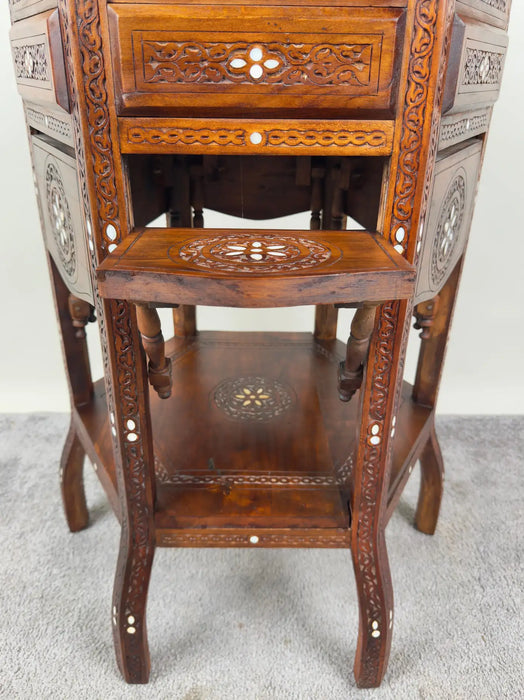 Vintage Syrian Hexagonal Walnut and Bone inlay Hand -Carved Center of End Table