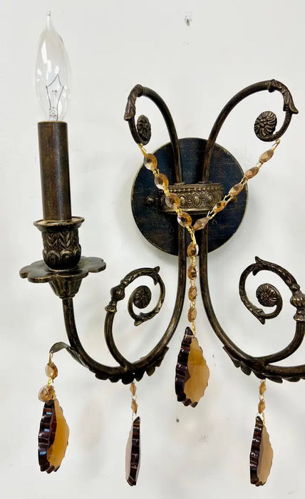 French Rococo Revival Cast Metal Bronzed Wall Sconce w Amber Crystal, Set of 4
