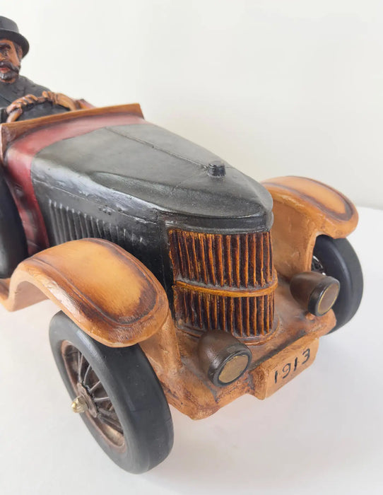 Antique 1913 Model Touring Car and Driver Wooden Hand Painted Sculpture