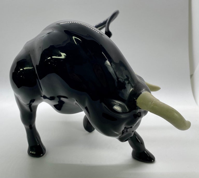 1950's Ceramic Black Bull Figurine with White Horns, a Pair