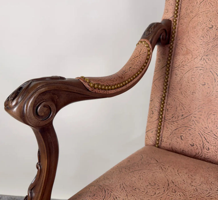 French Louis XV Style Mahogany Armchair with Embossed Salmon Pink Leather