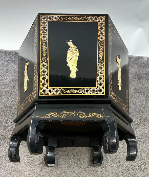 Asian Black Lacquer Hexagonal Side Table with Hand-Painted Gold & Figural Pane