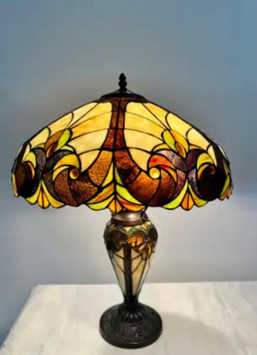 Art Nouveau Tiffany Style Brown & Green Stained Glass Table Lamp, a Pair