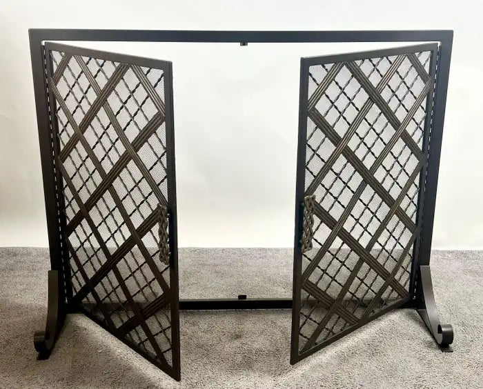 Art Deco Style Black & Bronzed Metal Two-Door & Diamond Design Fireplace Screen