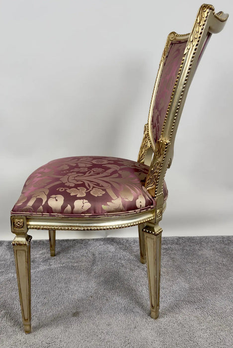 French Louis XVI Style Gilt & Plum Damask Pattern Upholstery Dining Chairs 10pcs