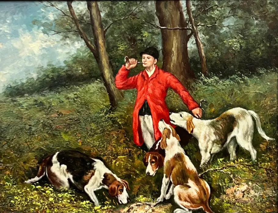English Sporting Style Oil Painting, Huntsman & Hounds, Ornate Gilt Frame 1980's