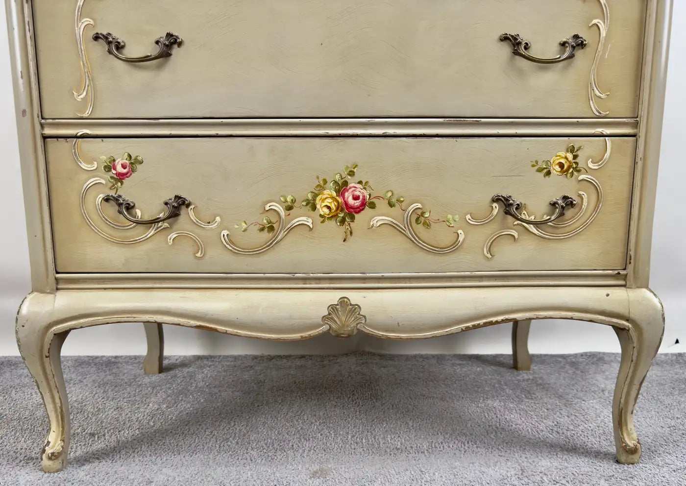 French Provincial Style Highboy Chest of Drawers or Dresser with Flora French Provincial Style Highboy Chest of Drawers or Dresser with Flora
