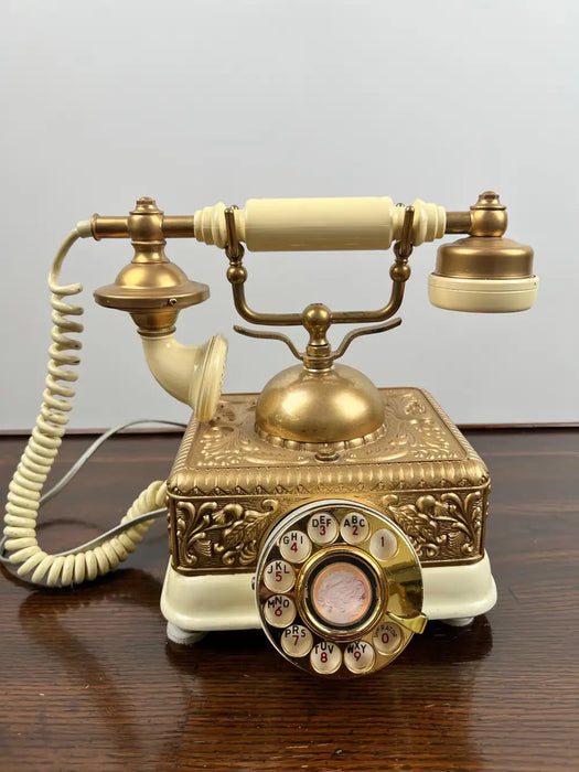 Vintage French Style Brass Rotary Telephone with Ornate Repoussé Cream Enamel Base