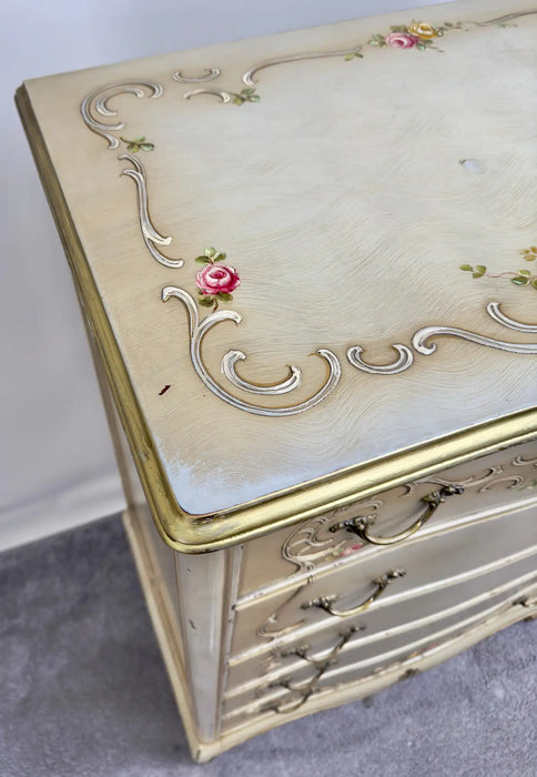 French Provincial Style Highboy Chest of Drawers or Dresser with Floral Design