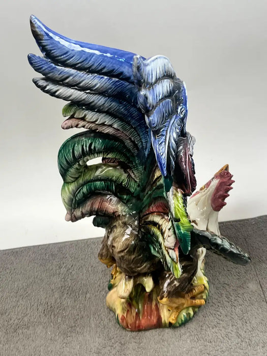 Vintage Hand-Painted Italian Majolica Ceramic Fighting Rooster Sculpture, a Pair 1980's