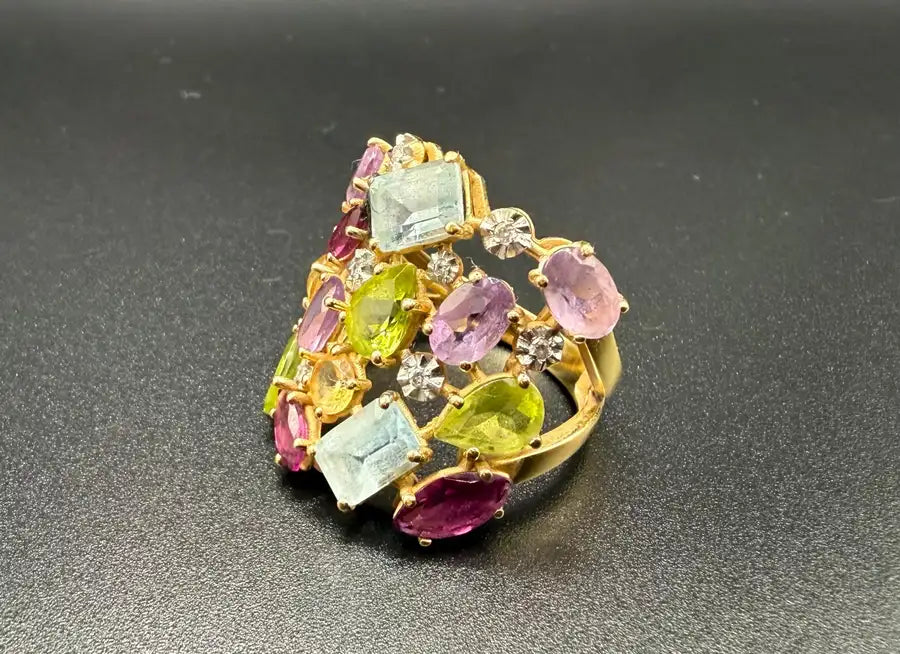 Multi-Gemstone 18K Gold Statement Cocktail Ring, Aquamarine Peridot Amethyst