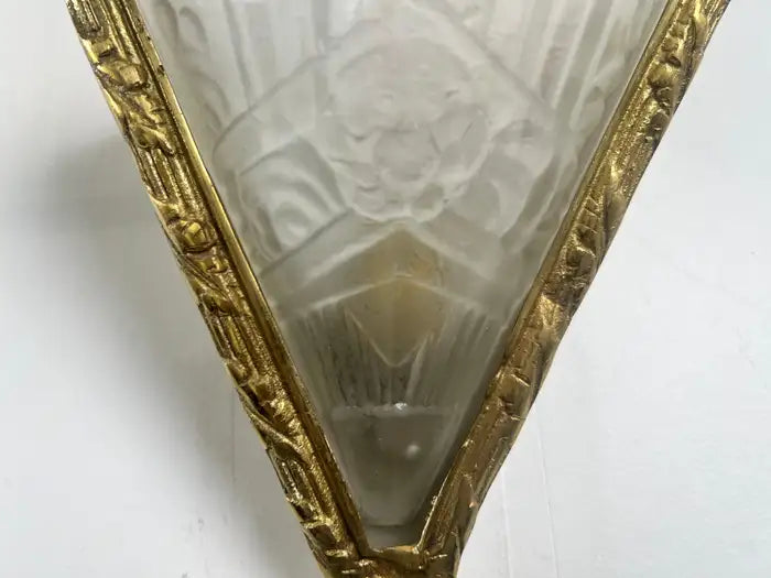 French Art Deco Brass & Frosted Glass Shield Shaped Wall sconce, a Pair