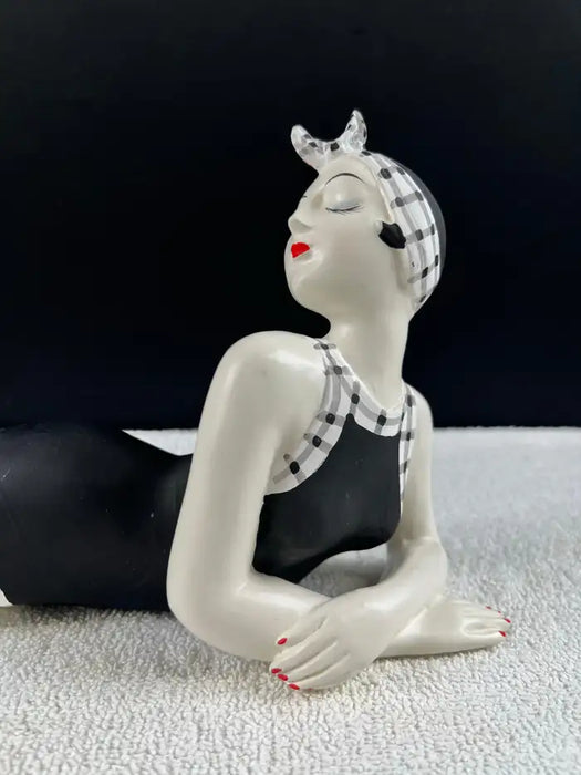 French Style Bathing Beauty Resin Figurine in Black & White Gingham Swimsuit